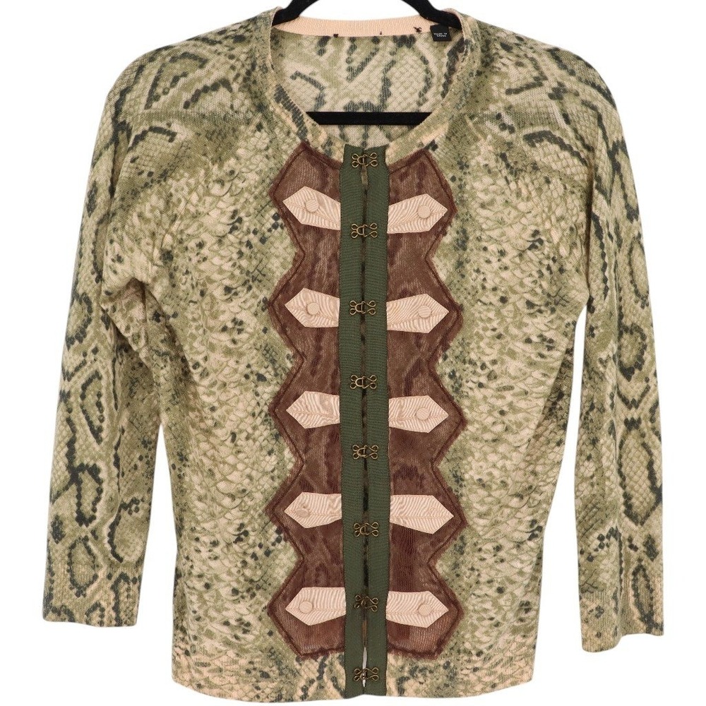 L.A.M.B Gwen Stefani Cashmere Snakeskin Cardigan Green Hook Eye See Measurements